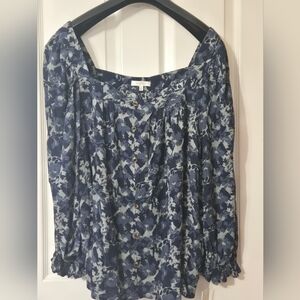 Womens Blue Floral Plus Size Blouse 2X Popover Long Sleeve Boho